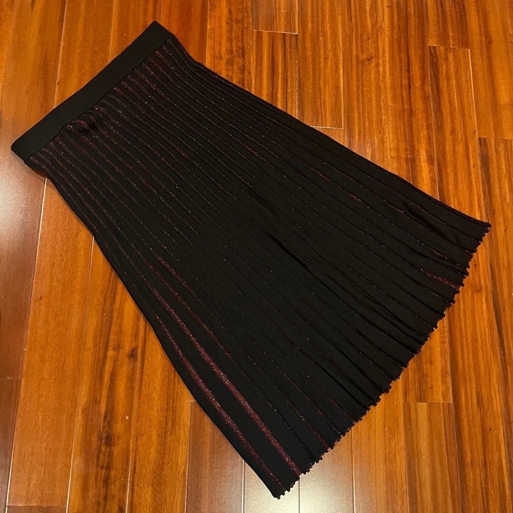 MARINE LAYER Knit Skirt Penny Pleated Midi Black Metallic Sparkle Size Medium